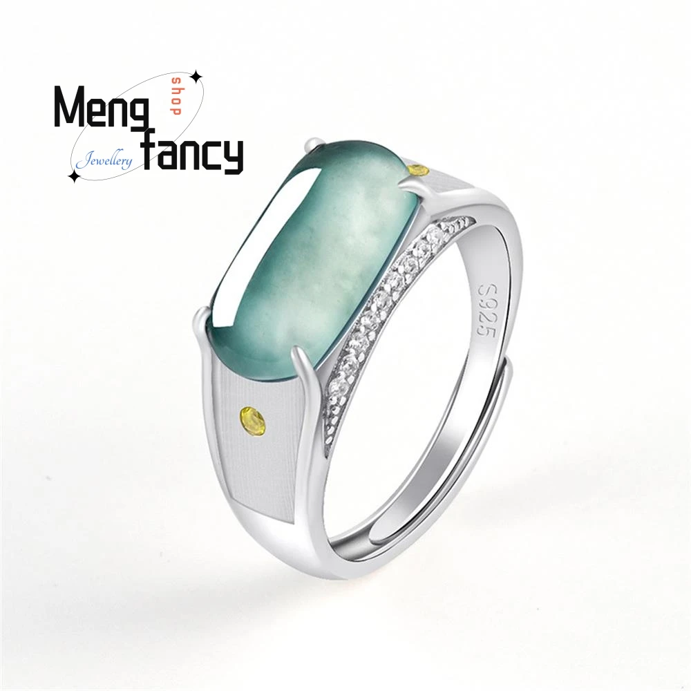 

Jade blue water saddle ring Ice jade S925 silver inlaid fashion ring male ring adjustable