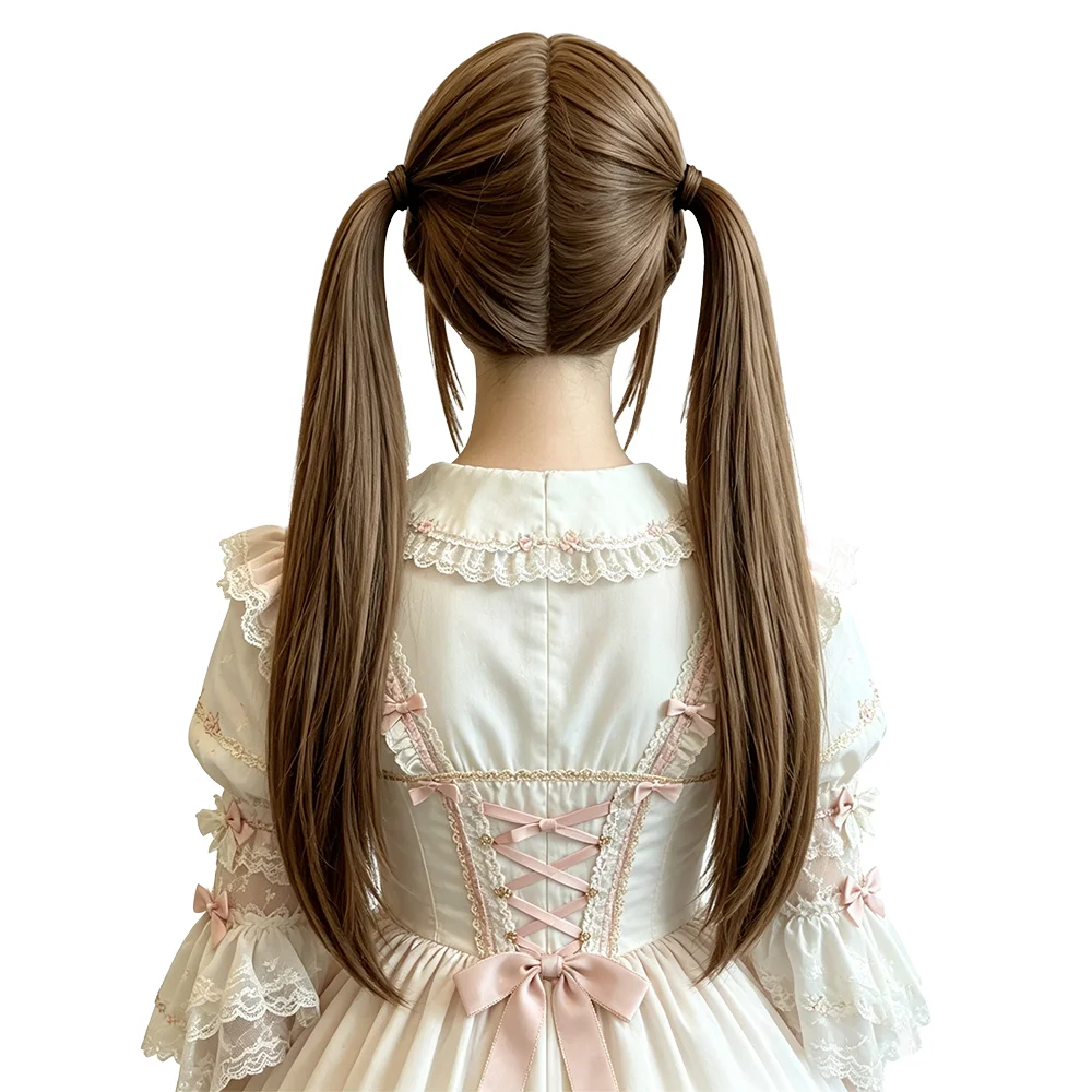Milk Tea Linen Brown Pigtails Wig With Bangs Heat Resistant Synthetic Straight Wig For Women Lolita Anime Cosplay Daily Wear