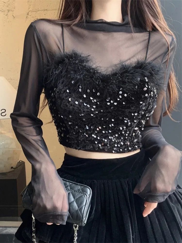 

Hebe Style Korean Version Sexy Black Mesh Base Shirt Women's Inner Pure Desire Spicy Girl Sequin Tube Top Small Strap Vest