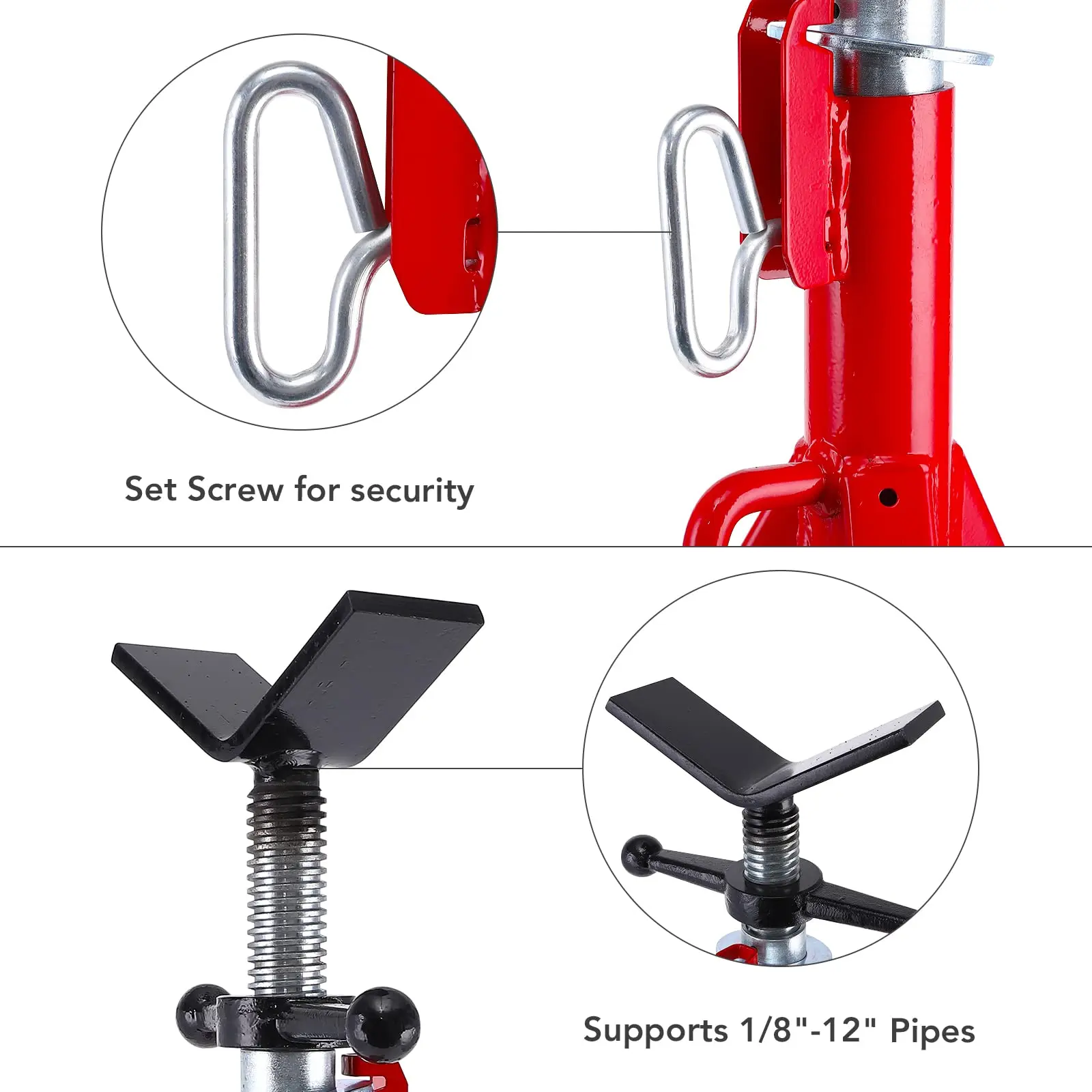 Suporte de tubo de cabeça em V, altura ajustável de 28-52 polegadas, capacidade de 1/8"-12", capacidade de carga de 2500 lb, corpo de aço carbono resistente, aço