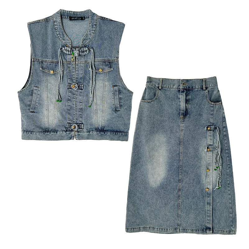 New Chinese Sle Cotton Denim Vest And Skirt Set Women's Casual Hat Included Two-Piece Suit Light Colored Button Detail
