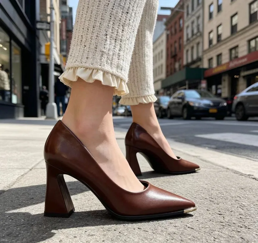 Flache Einzelschuhe Sommer Neue Blockabsatz Feminine Eleganz Bequeme Slip-on High Heels – Detail 8