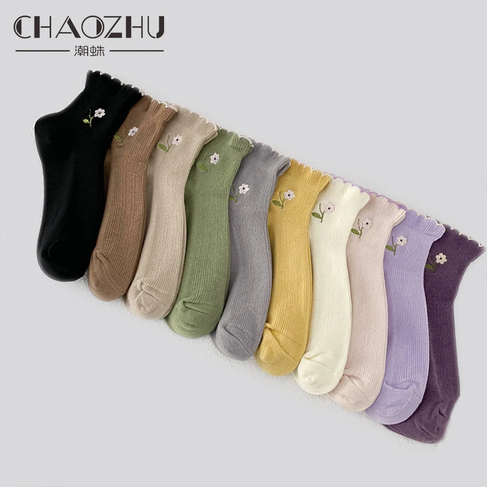 CHAOZHU Japanese Korea Kawaii Women Socks Rib Solid Colors Loose Students Floral Sewing Stretch Ankle Spring Summer Fall Sox