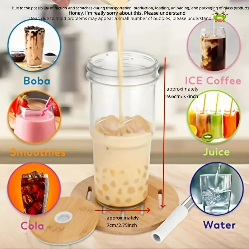 750ML Glass Cup Wooden Lid Bubble Tea Cold Drinking Coffee Wine Juice Milk Transparent Straw Car Mug Cup Drinkware Water Bottle