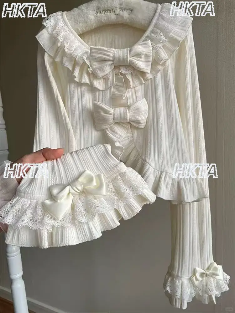 เสื้อคาร์ดิแกนไหมพรมสั้นแต่งระบายสไตล์โลลิต้า แขนยาวจีบหรูหรา สำหรับผู้หญิง ฤดูใบไม้ร่วง 2025 รุ่นใหม่