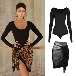 ZYM Latin Dance Dress Women Long Sleeves Leotards Black Tops Leopard Skirt Rumba Cha Cha Tango Performance Dance Wear DNV21791