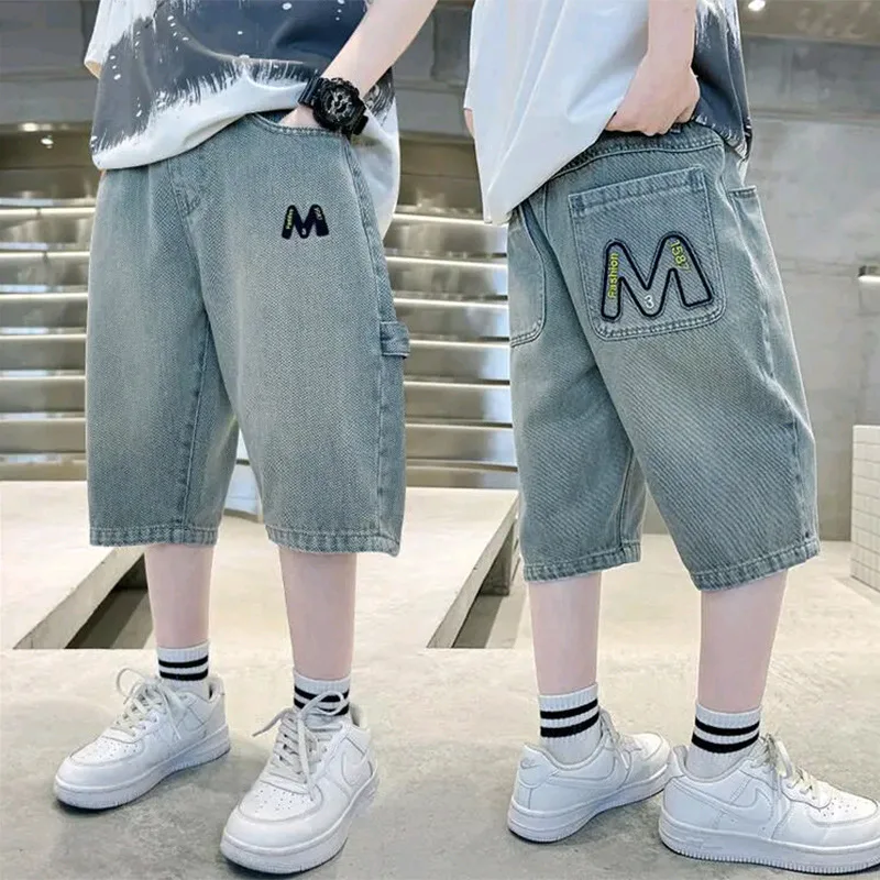Summer Teen Boys Jeans Pants Letter Print Leisure Capri Pants For 5 6 8 10 12 14 Years Boys Loose Fitting Cowboy Short Trousers