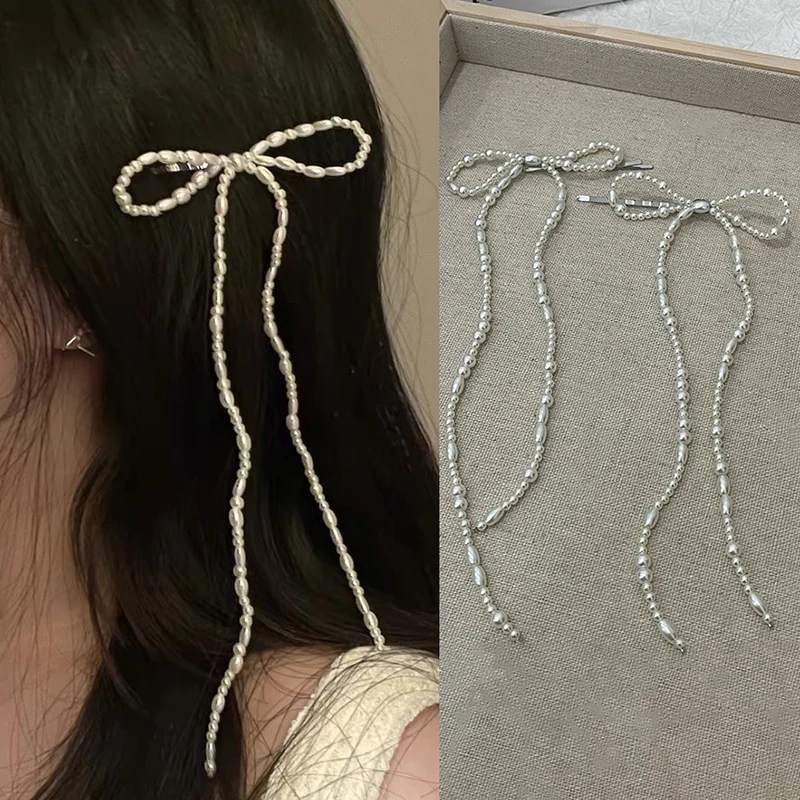 

Korean Style Fashion Pearl Bow Duckbill Clips Barrettes Sweet Cute Long Pearl Tassel Hair Clip Women Girls Hair Accessories