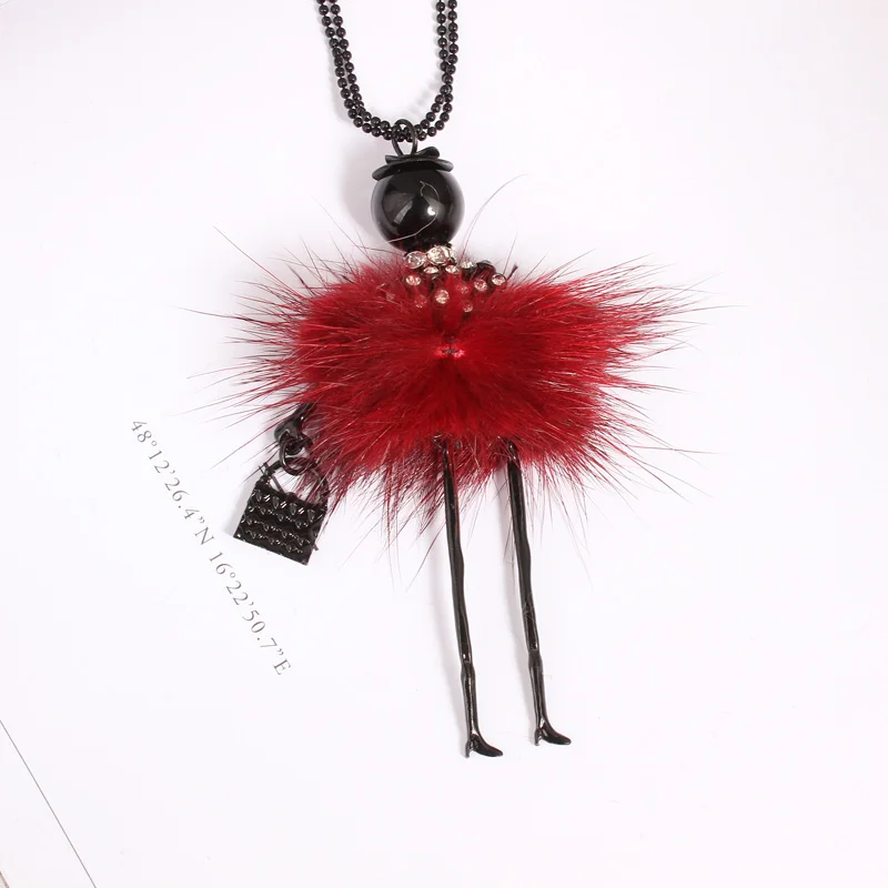 2026 Hot Fashion Doll Girl Dancing Charms Necklace Soft Mink Fur Black Long Beads Chain Womens Birthday Party Jewelry