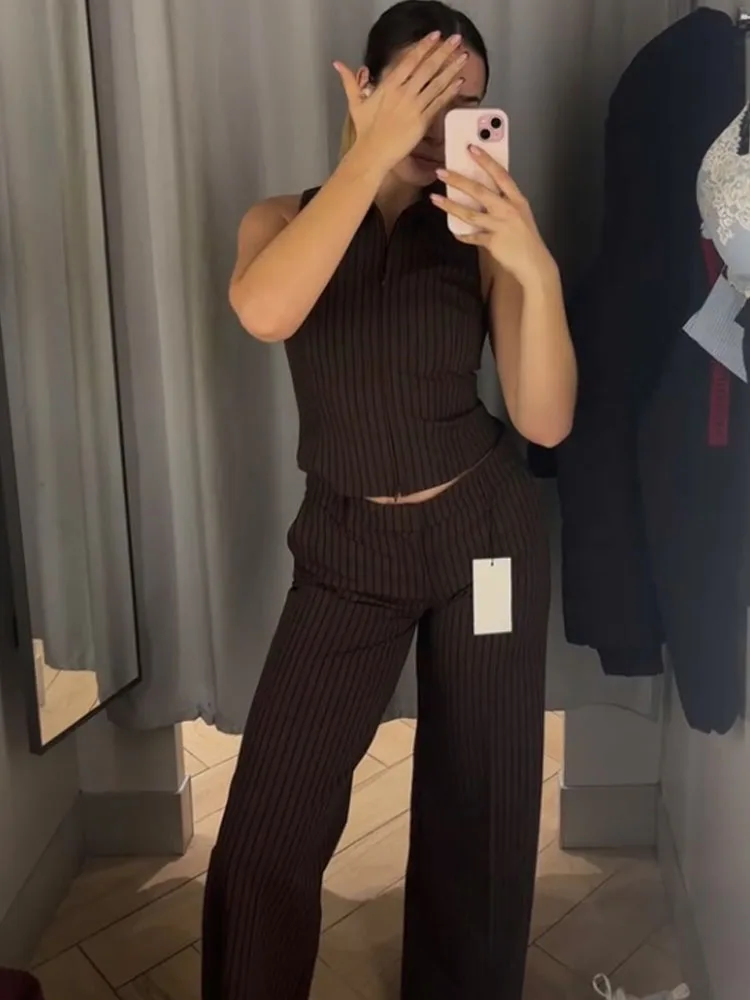 

HH Women's Spring New Fashion Versatile Lapel Double Zipper Striped Vest+High Street Casual Striped Low Waist Flared Pant Suit