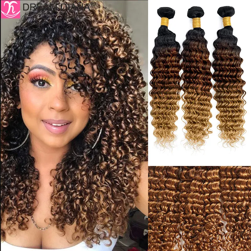 

DreamDiana Remy Deep Wave Bundles 3Pcs Ombre Brazilian Deep Curly Bundles Ombre Human Hair Bundles 100% Human Hair Extensions 9A