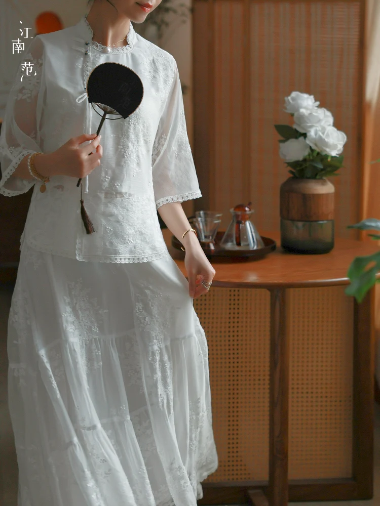 

Jiangnan Sle White Lace Rvated Hanfu Top Summer Seven Sve High End Sensation Tea Clothing Small irt Retro Court Fas...