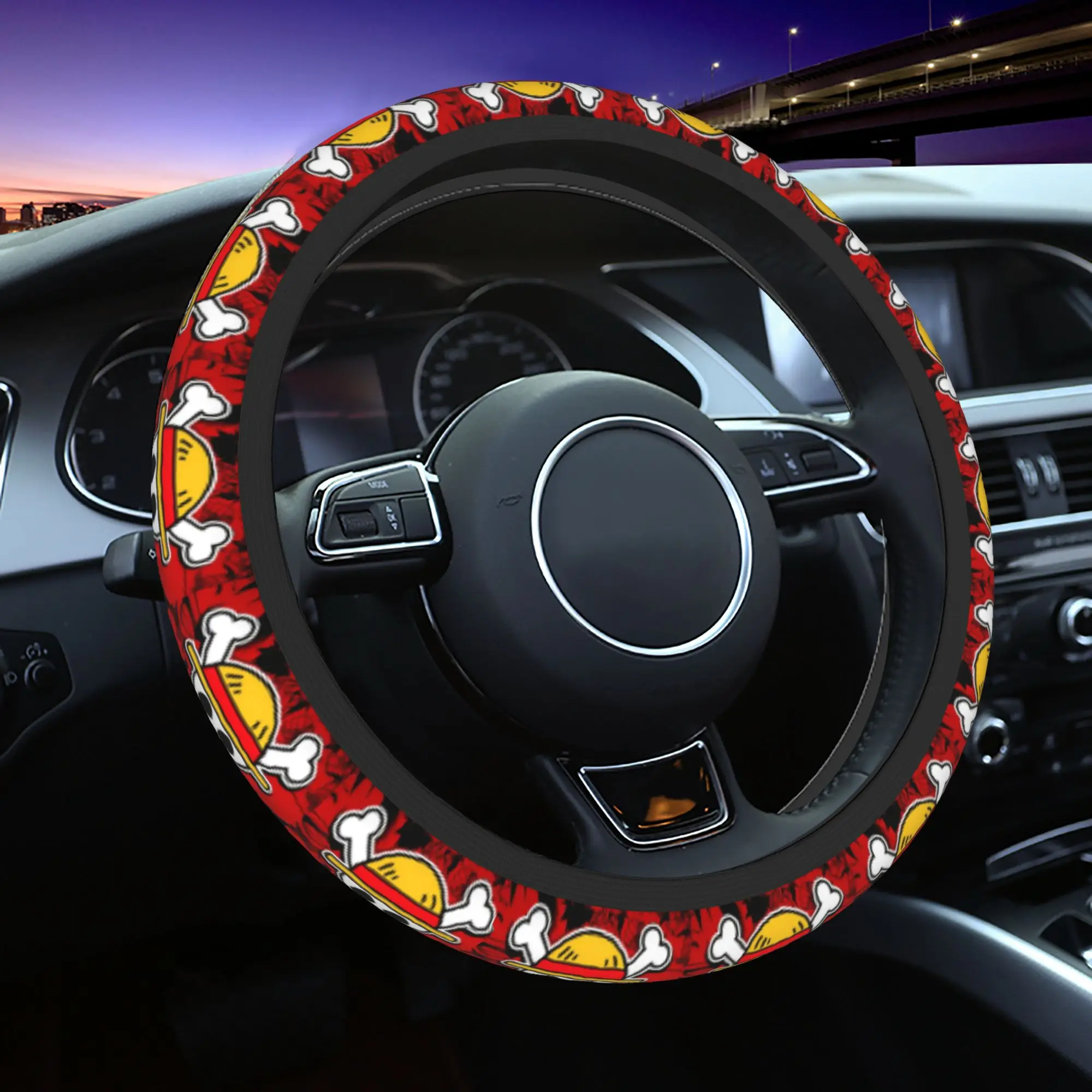 One Piece Luffy Skull Car Steering Wheel Cover 37-38 Anti-slip Steering Wheel Protective Cover Suitable Car-styling Accessories