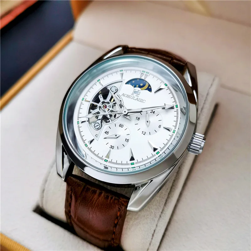 Stainless Steel New Moonphase Multifunction Tourbillon Skeleton Luminous Waterproof Automatic Watch for Men