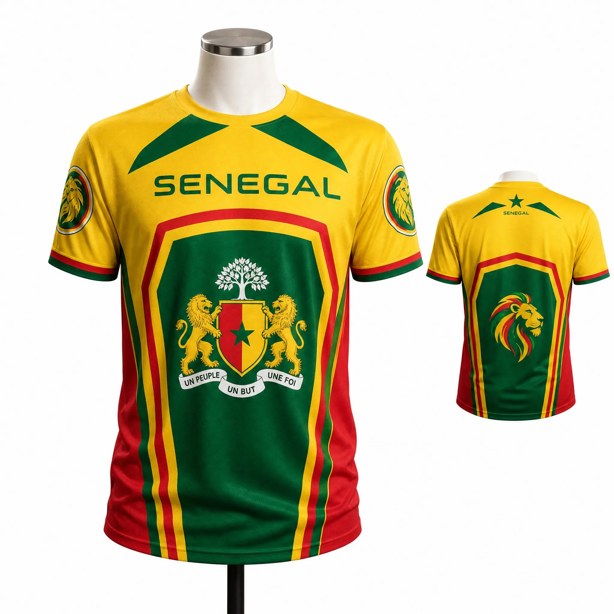 Senegal Mens Crest Lion Graphic Tee Yellow Flag Panel Shirt Short Sleeve Football Fan Top Street Stadium Casual Wear Daily Style