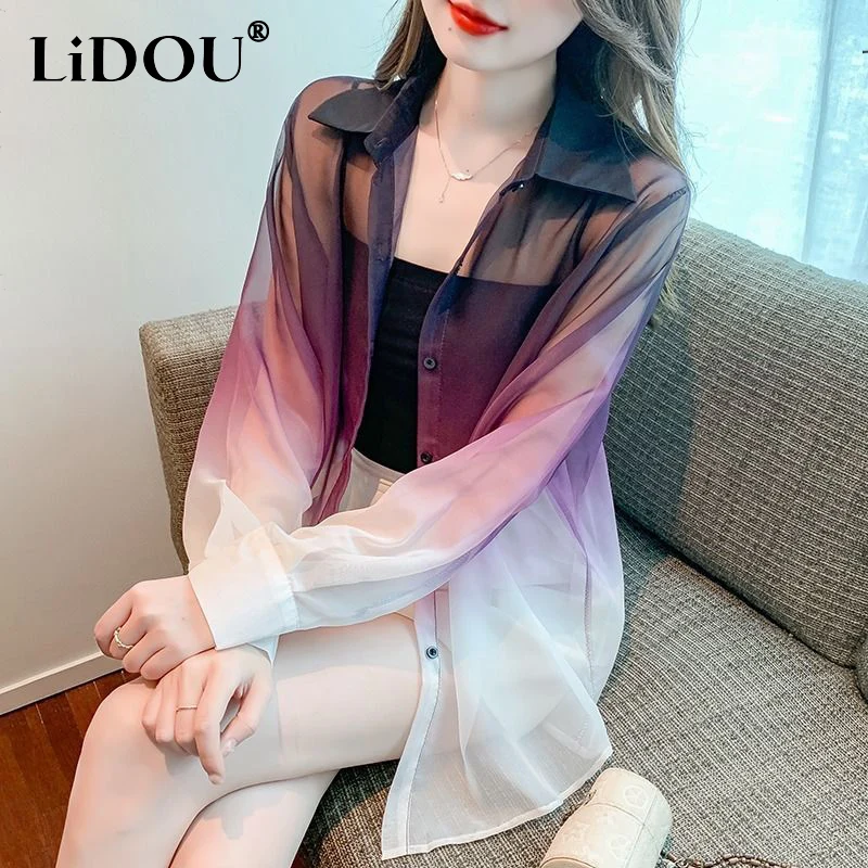 Spring Autumn New Polo-neck Gradient Loose Casual Blouse Women Long Sleeve Elegant Sunscreen Shirt Ladies Fashion All-match Top