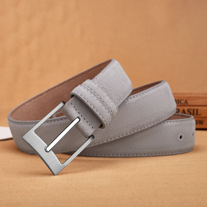 Süßer Gürtel aus Rindsleder, echtes Leder für Herren und Damen, mit Oxford-Stoff, echtes Leder, luxuriöse Dornschließe, blaugraue Gürtel – Detail 7
