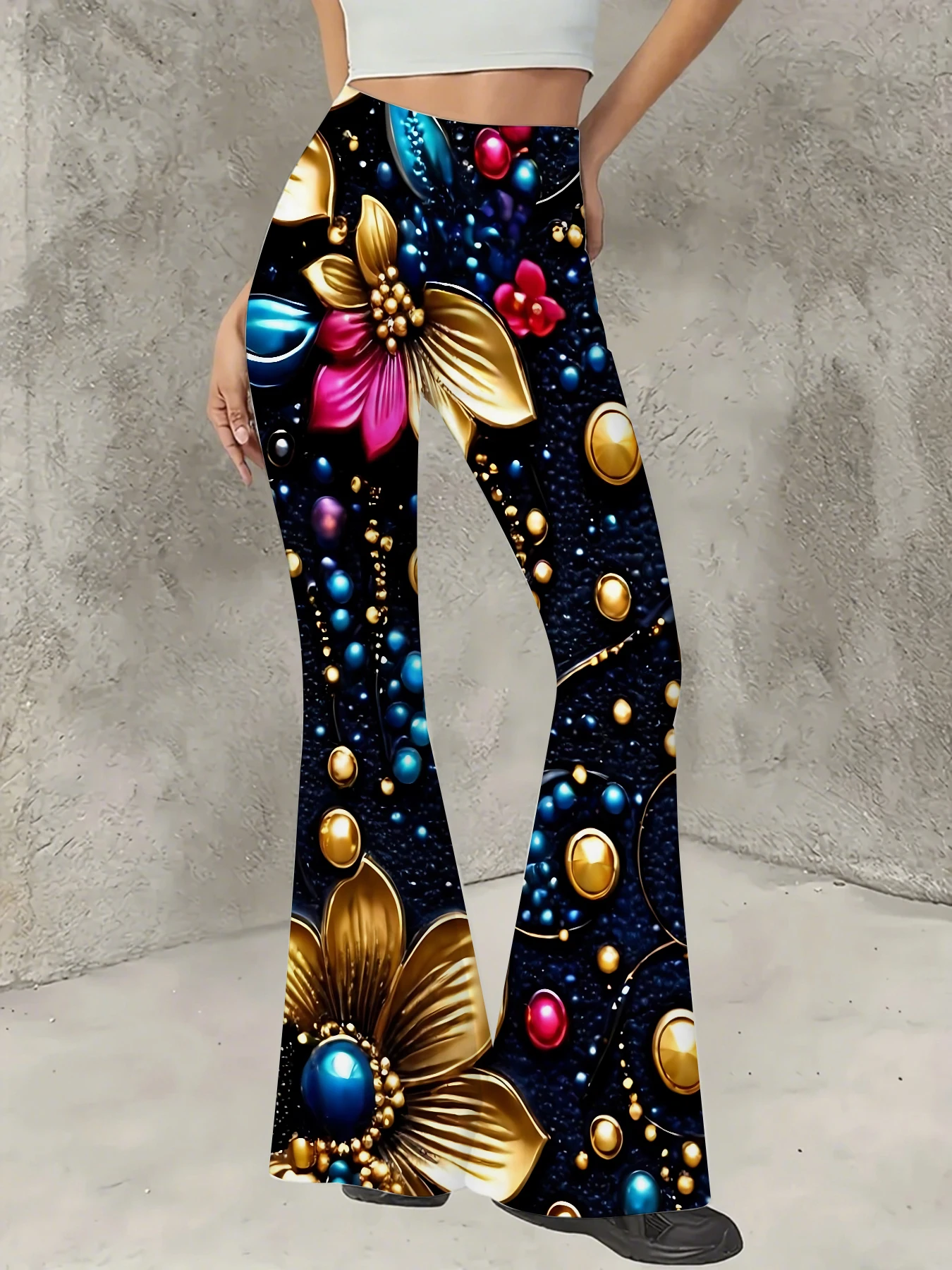 

Y2K Graphic Print Flare Pants Women High Waist Knit Bell Bottom Trousers