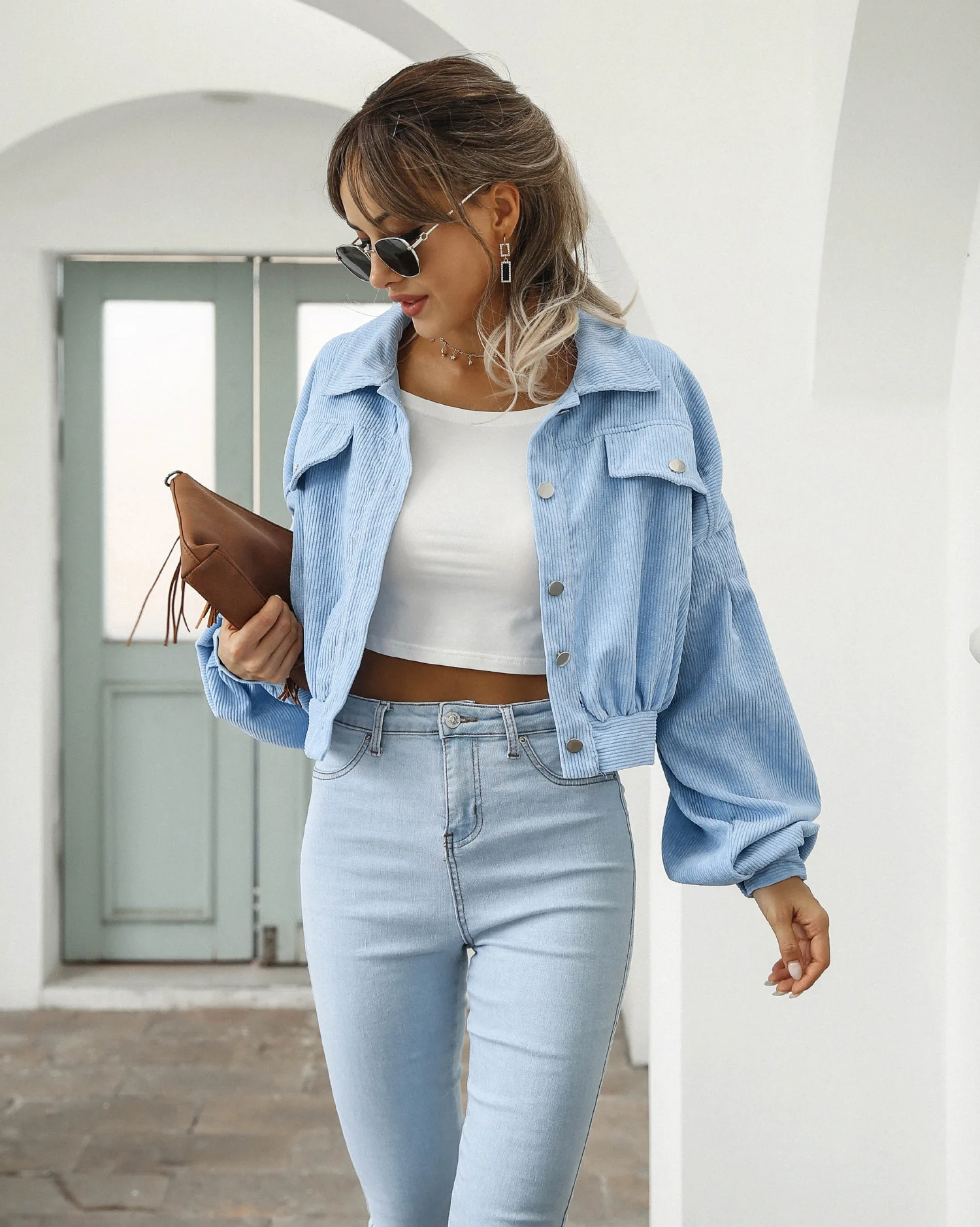 GC 2026 Autumn Cropped Corduroy Jackets Overcoat Single Breasted Lantern Sleeve Coats Women Fashion Vintage Winter Women Jacket