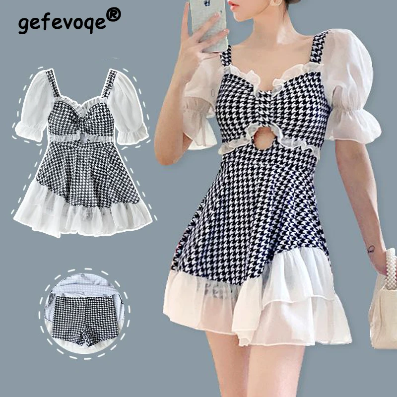 

Women Y2K Houndstooth Print Patchwork Ruffle Elegant One Piece Swimsuit New Summer Sexy Hollow Short Sleeve Beach Skirt Swimwear