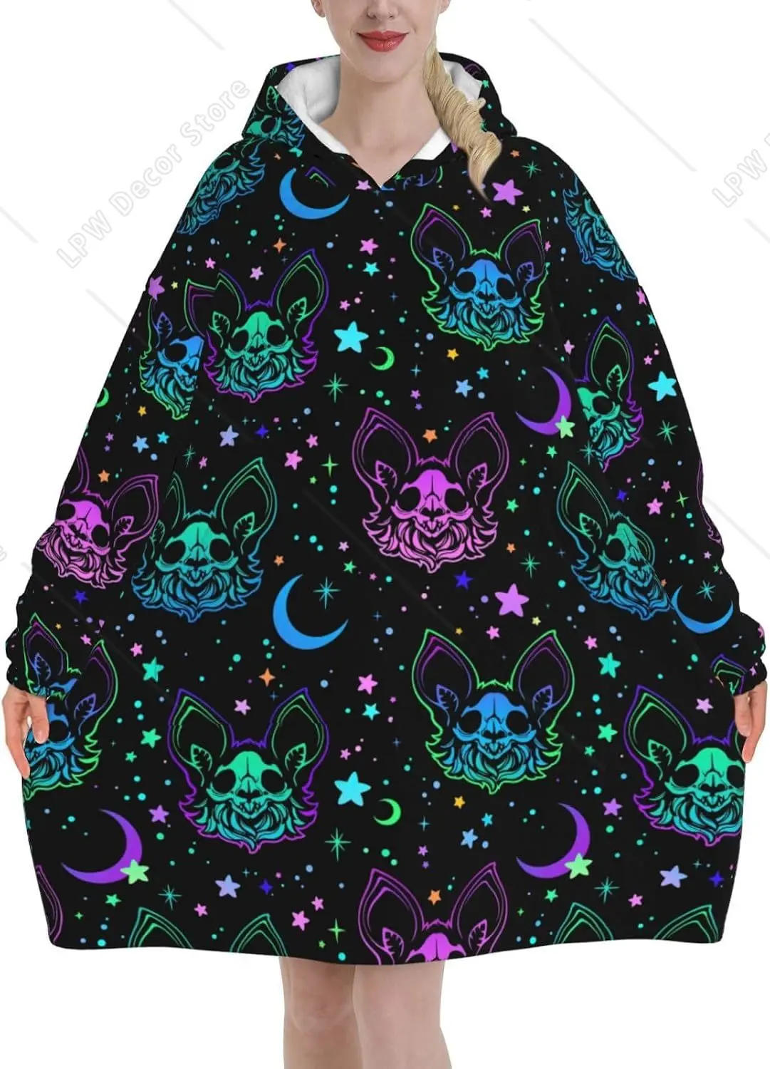 Gothic Halloween Bat Print Oversized Hoodie Blanket Hoodie Oversized Wearable Blankets Softest Warmth Front Pocket For Adults