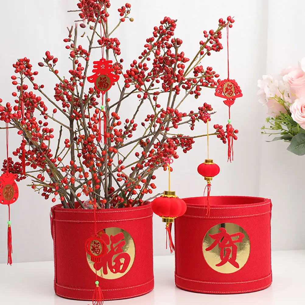 

1Pcs New Year Flower Arrangement Container Chinese Style Lucky Red Flower Bucket Gift Packaging Container Elegant Floral Decor