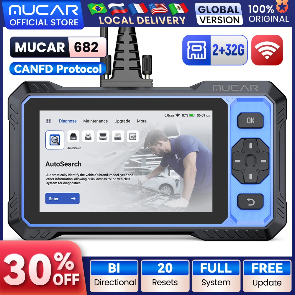 MUCAR 682 أداة تشخيص السيارة CANFD Obd2 الماسح الضوئي ثنائي الاتجاه التحكم 20 إعادة تعيين النظام الكامل التشخيص تحديث مجاني