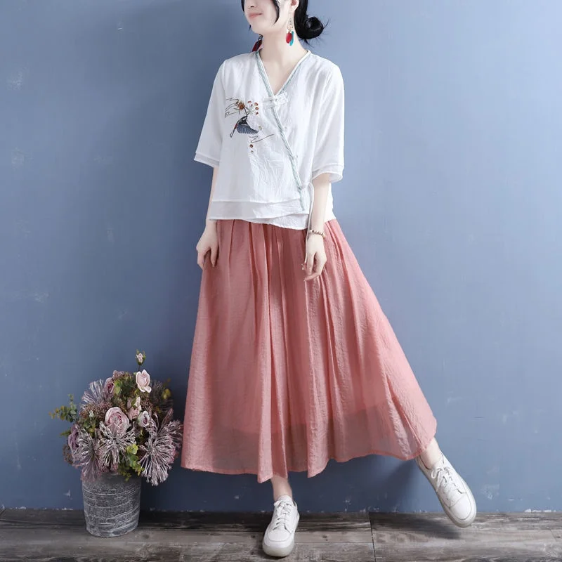 Ele V-Ne Embroidered Cotton Linen Top with Bird And Flower Motif Middle Sve Women's Retro Tea Clothing Small irt