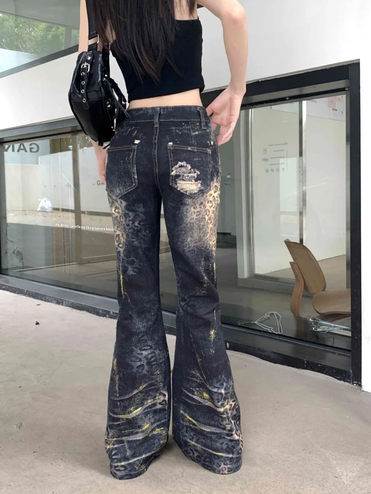 2026 American Retro Y2K Style Vintage Leopard Print Slim Women's Flared Jeans Pants For Woman Clothing Distressed Denim Trousers