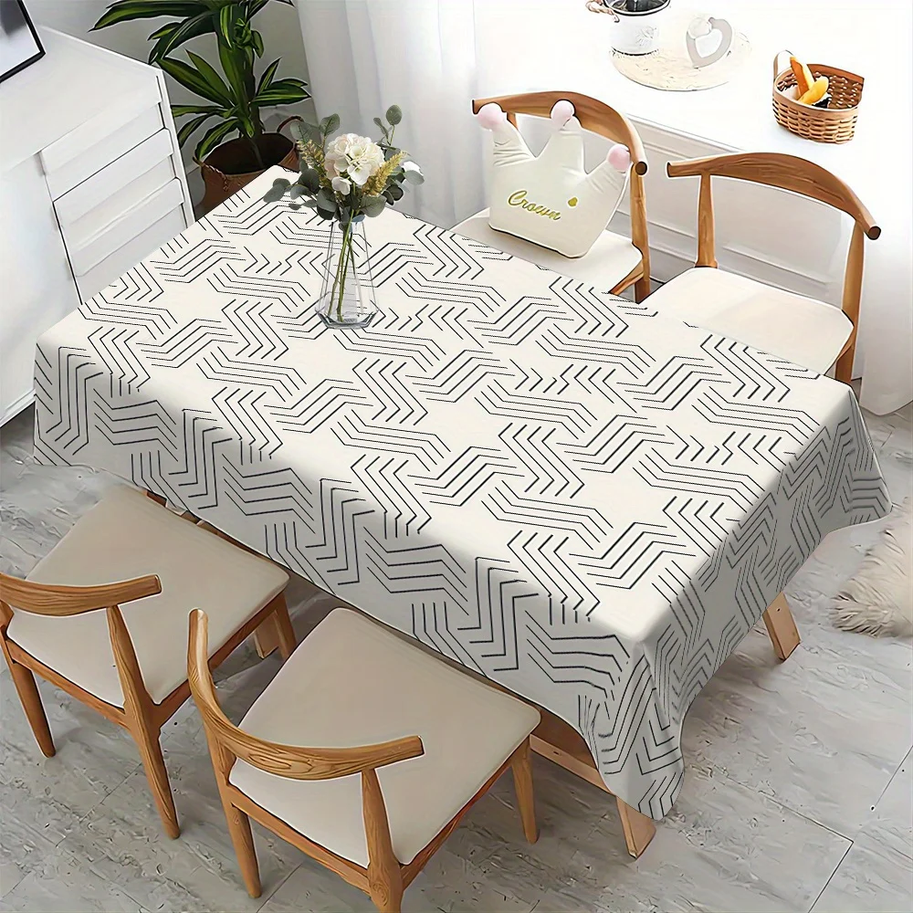 Geometric Chevron Tablecloth, Cream Base With Black Zigzag Line Print, Rectangular Table Cover for Dining Room Home Decor