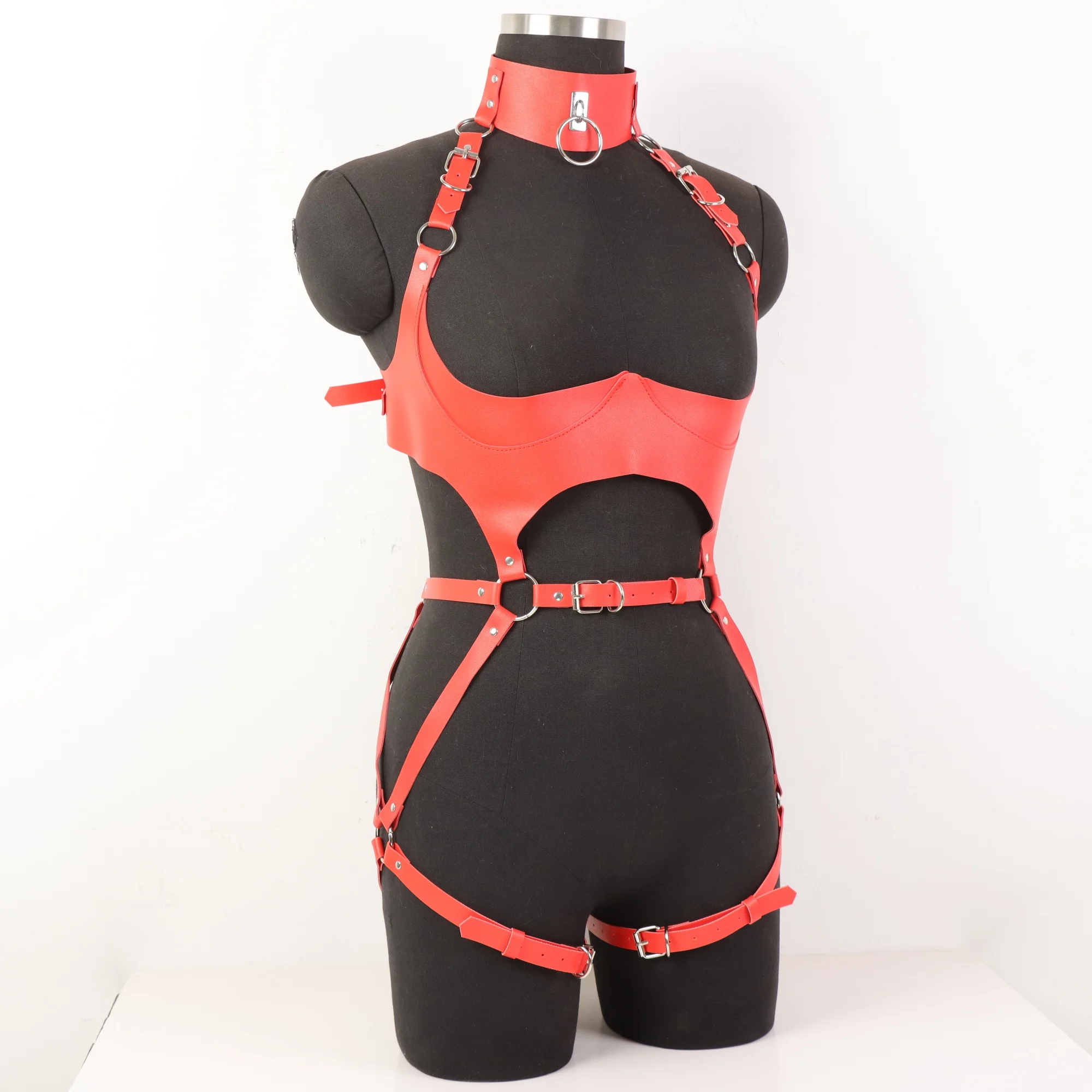 Women'S Sexy Gothic Vegan Faux Leather Full Body Harness Belt, Garter Belt Set