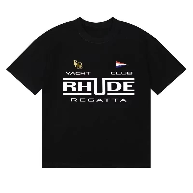 2026 New Rhude Oversized Streetwear Racing Auto Parts Label Big R Letter Stripe Front Graphic T Shirt Motor Tee