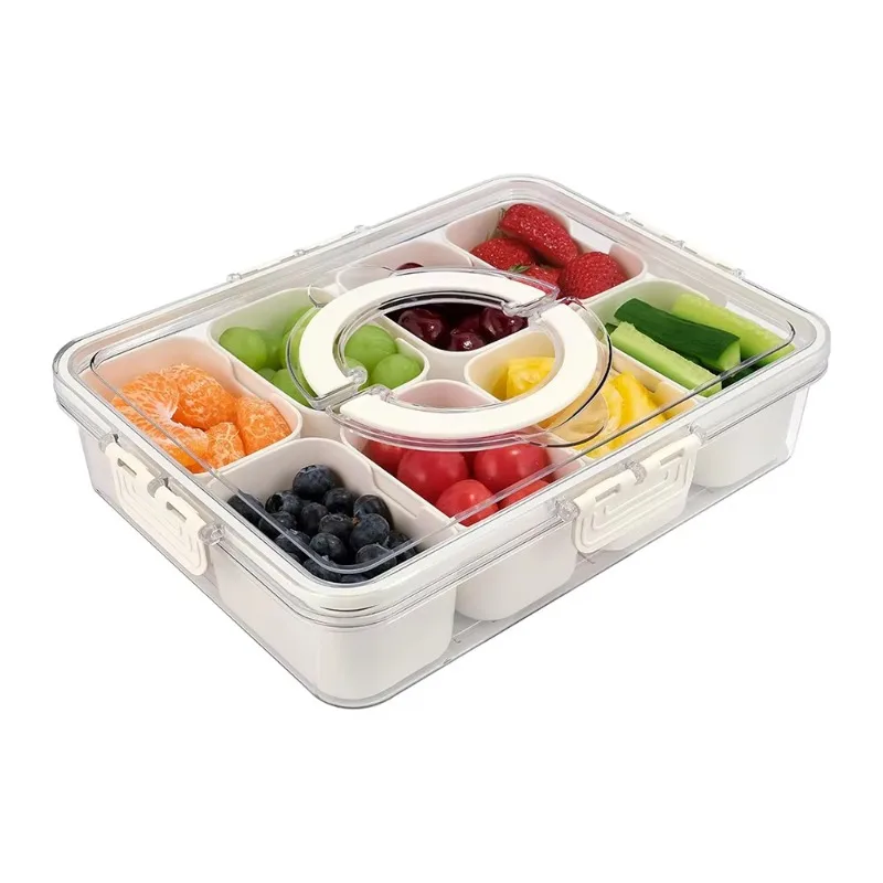 Kitchen Plastic PET 8 Compartments Divided Serving Tray Box PP Portable Snack Fruit Food Storage Container with Lid and Handle