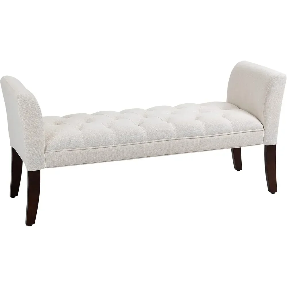 

End of Bed Bench with Button Tufted Design, Upholstered Bedroom Entryway Bench with Arms and Solid Wood Legs