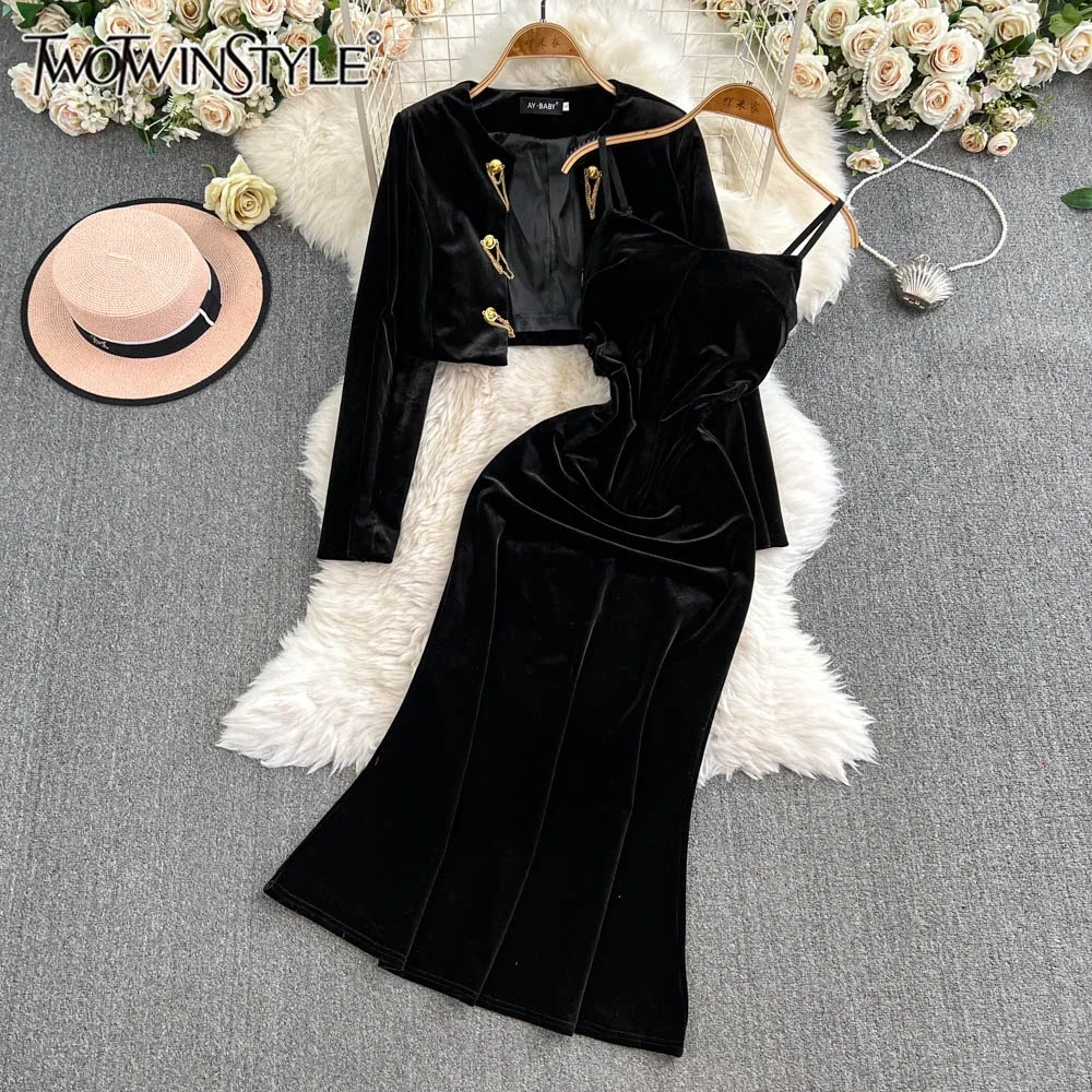 

TWOTWINSTYLE Solid Elegant Two Piece Set For Women Strapless High Waist Dress O Neck Spliced Button Coats Set Female KSE523836