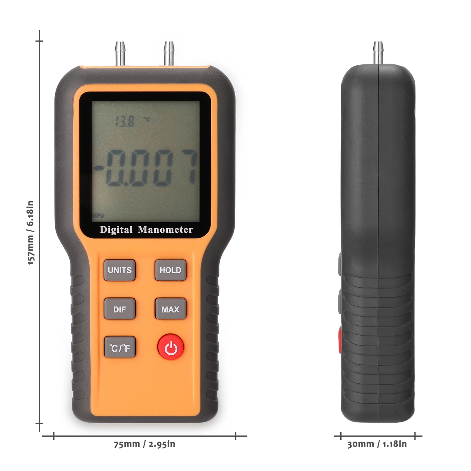 Digital Manometer LCD Display ℃ ℉ Switchable 12 Pressure Units Adjustable Indoor Temperature Pipes Pressure Measurement Tool