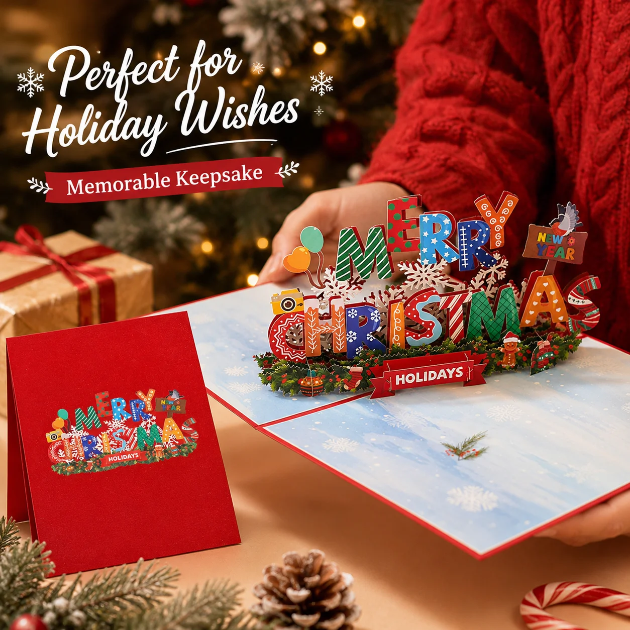 3D Three Dimensional Pop Up Christmas Card, Colorful Holiday Print Paper Greeting Card with Envelope, Best Gift for New Year