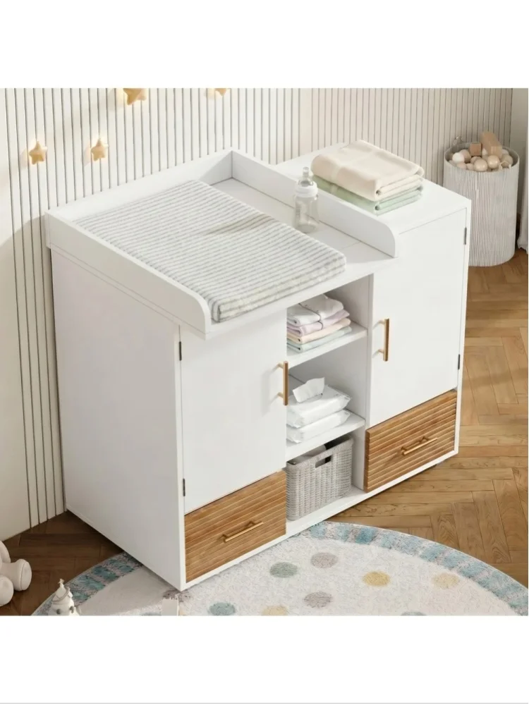 Multifunktionaler Aufbewahrungsschrank mit klappbarem Babygitter, abnehmbarem Gitter, klappbarem Baby-Wickeltisch mit Stauraum, platzsparendes Design, Weiß, 114 x 53 x 92 cm