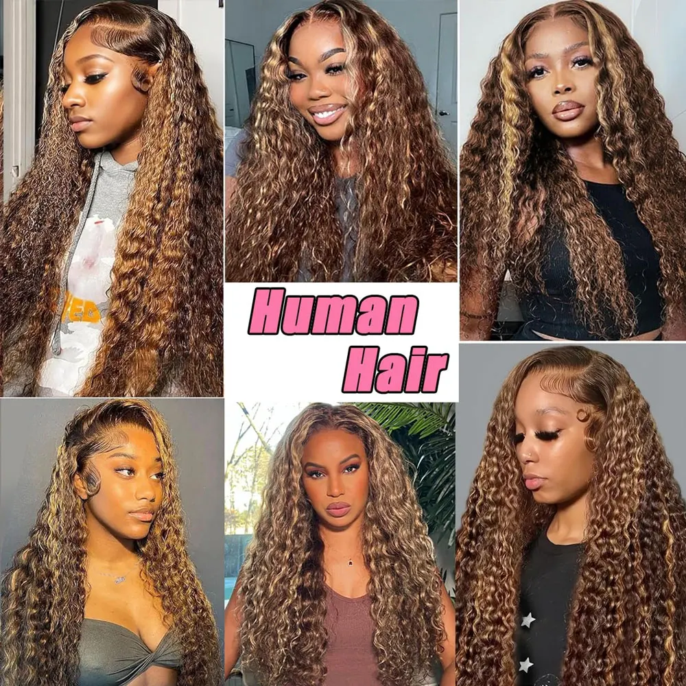 Wig Rambut Asli 200% 13x4 HD Transparent Deep Wave Frontal Wig Ombre Highlight Curly Lace Front P4/27 5x5 Gluless Closure Wig