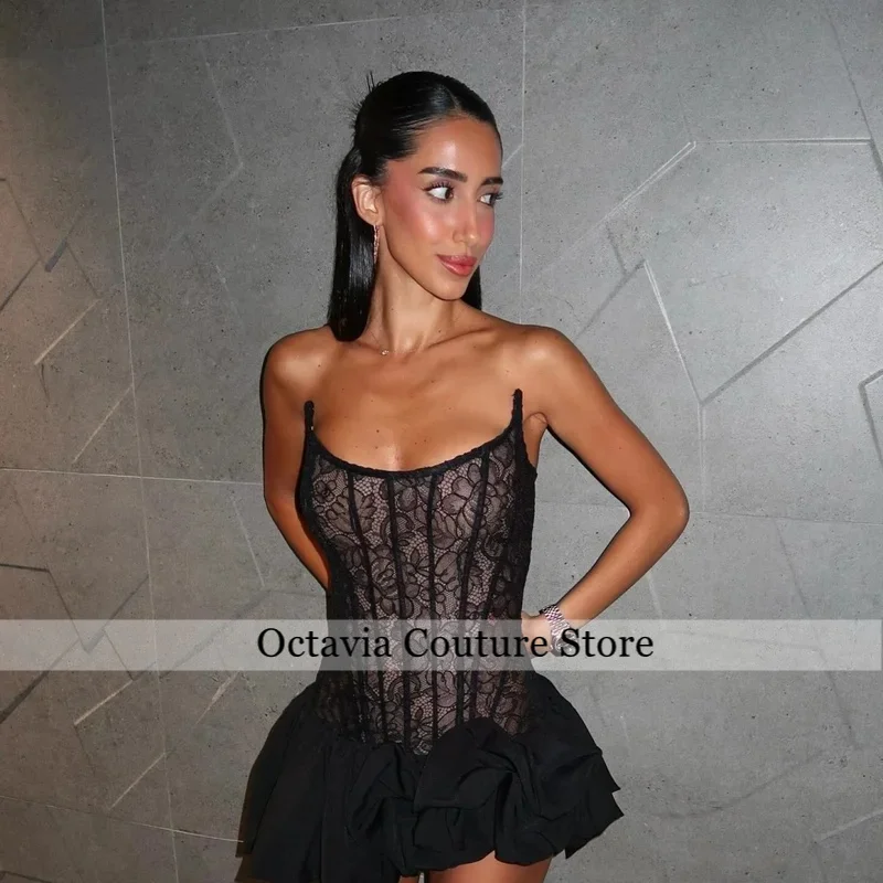 ชุดราตรีสีดำแบบสั่งตัด สายเดี่ยว เปิดหลัง ชุดราตรีแขนกุด ผ้าลูกไม้ กระโปรงสั้นทรงเอ ชุดออกงานกลางคืน ปี 2025