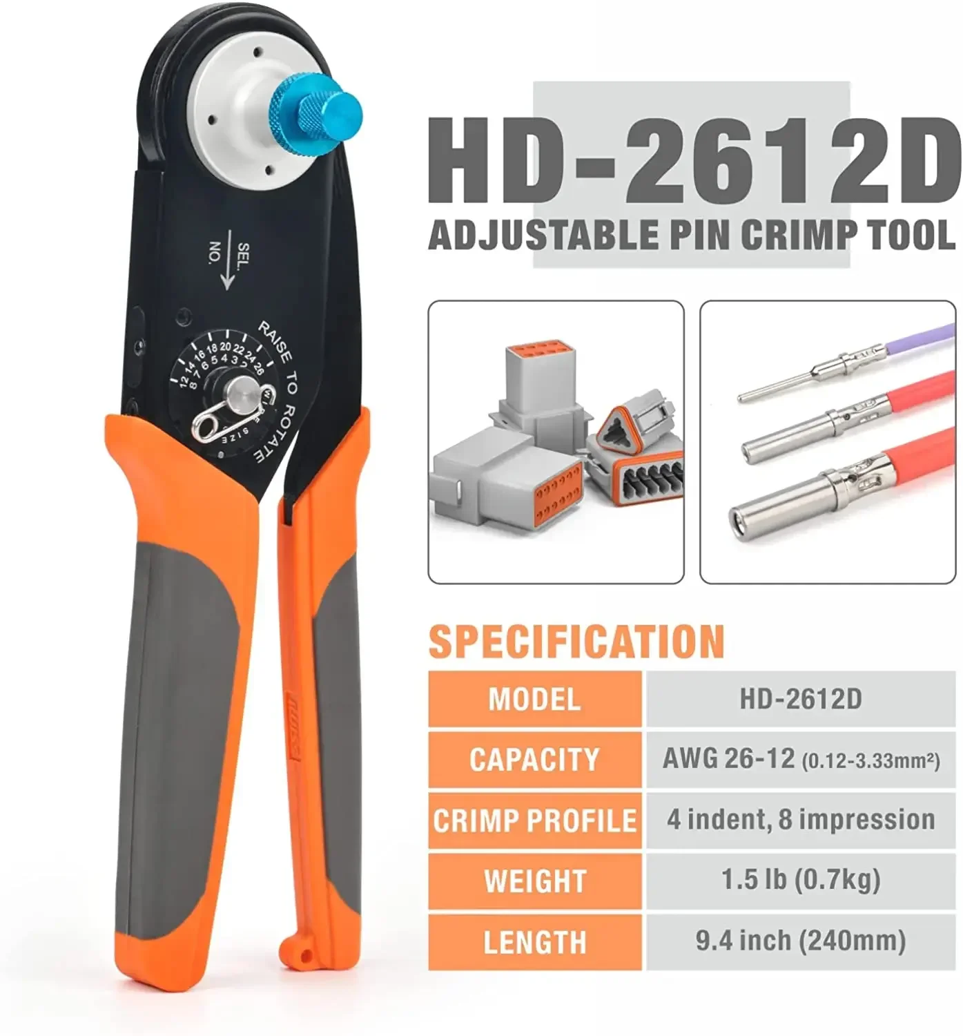 HD-2612D الألمانية الصلبة الاتصالات قابل للتعديل دبوس العقص أداة AWG 26-12 للحجم 12 16 20 تنطبق على سلسلة DT DTP DTM