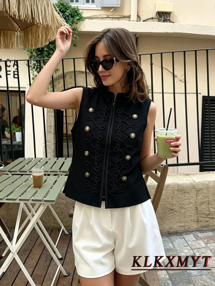 Women Vintage Fashion Sleeveless Embroidery Double Breasted Decoration Vest Jacket Women Casual Chic WaistCoat Tops 2026 New