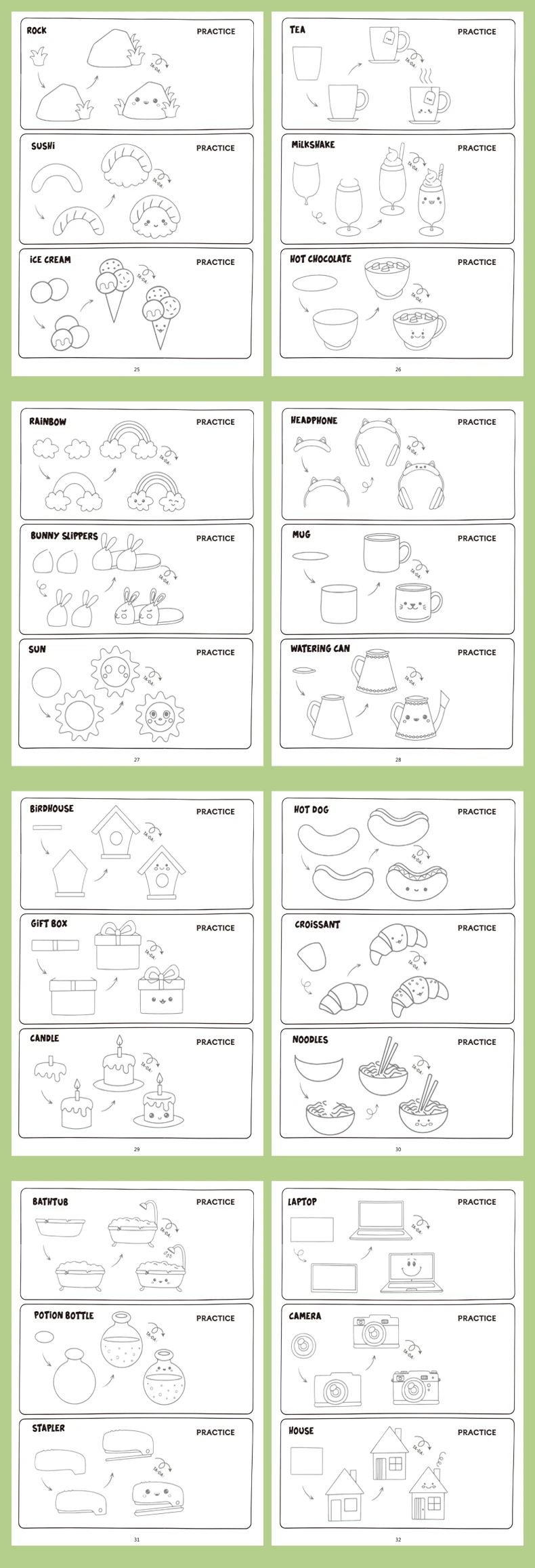 Lustiges Aktivitäts-Zeichenbuch, Tiere, Essen, Alltag, Thema, 4 Stufen, um Zeichnen zu erlernen, Malbuch 96 niedliche Muster – Detail 5