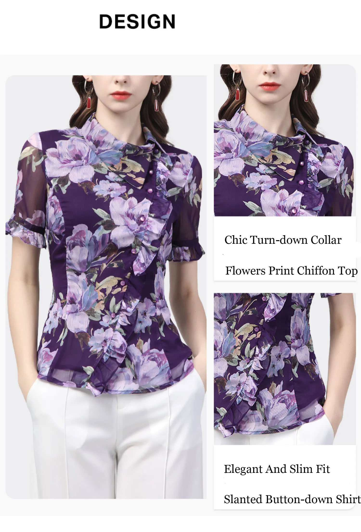 Vintage Women\' Purple Floral Chiffon Blouse 2023 Summer Short Sleeve Turn-down Collar Tops Elegant Slim Ruffles Casual Shirts