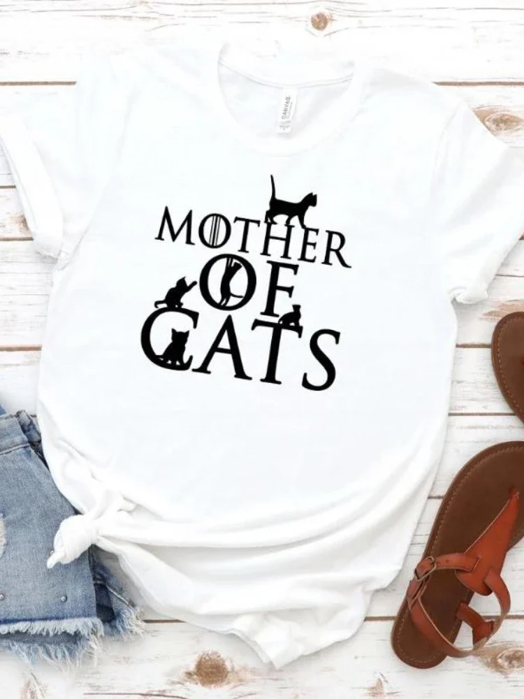 Mãe de gatos imprimir camiseta feminina manga curta o pescoço solto camiseta feminina senhoras moda camiseta topos roupas mujer