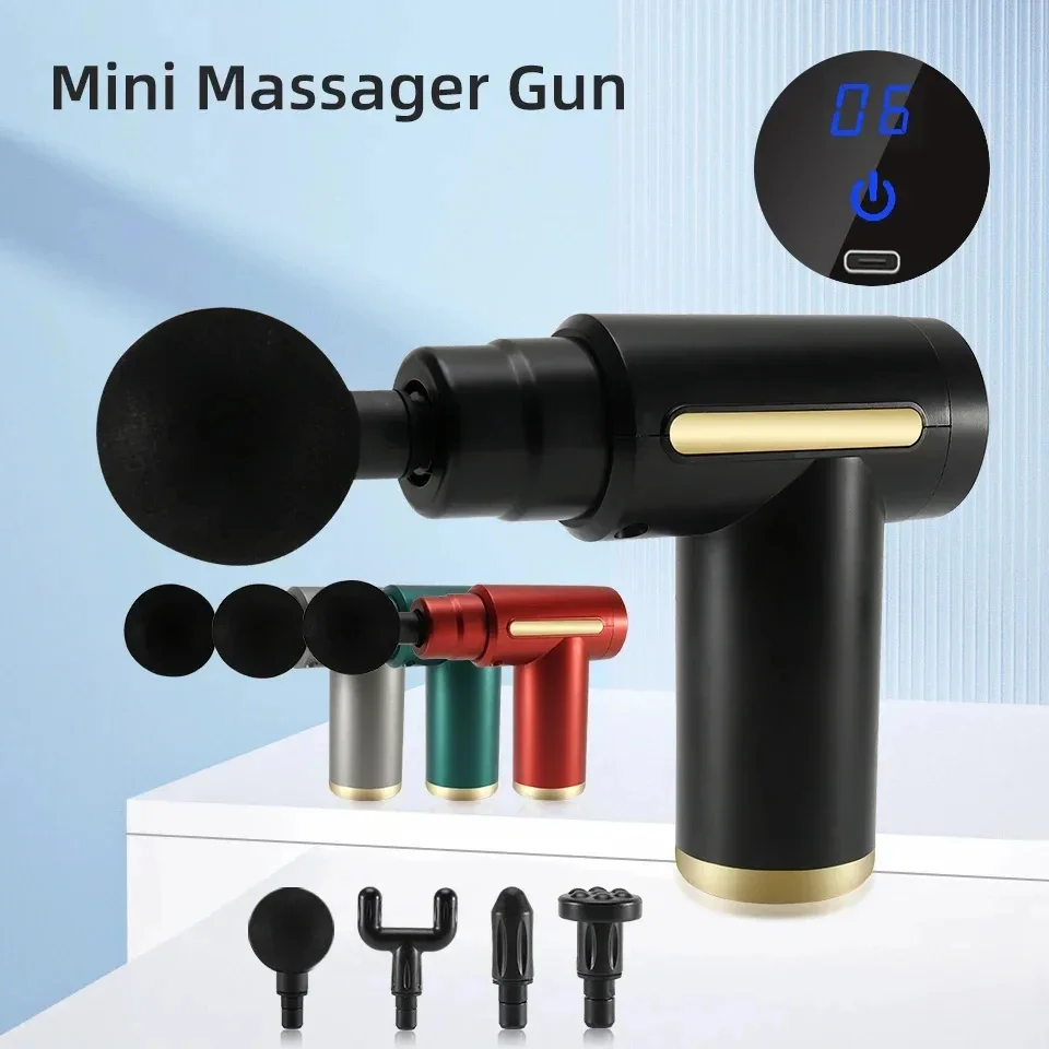 Portable electric fascia massage gun impact massager body relaxation LED touch screen 4 heads interchangeable