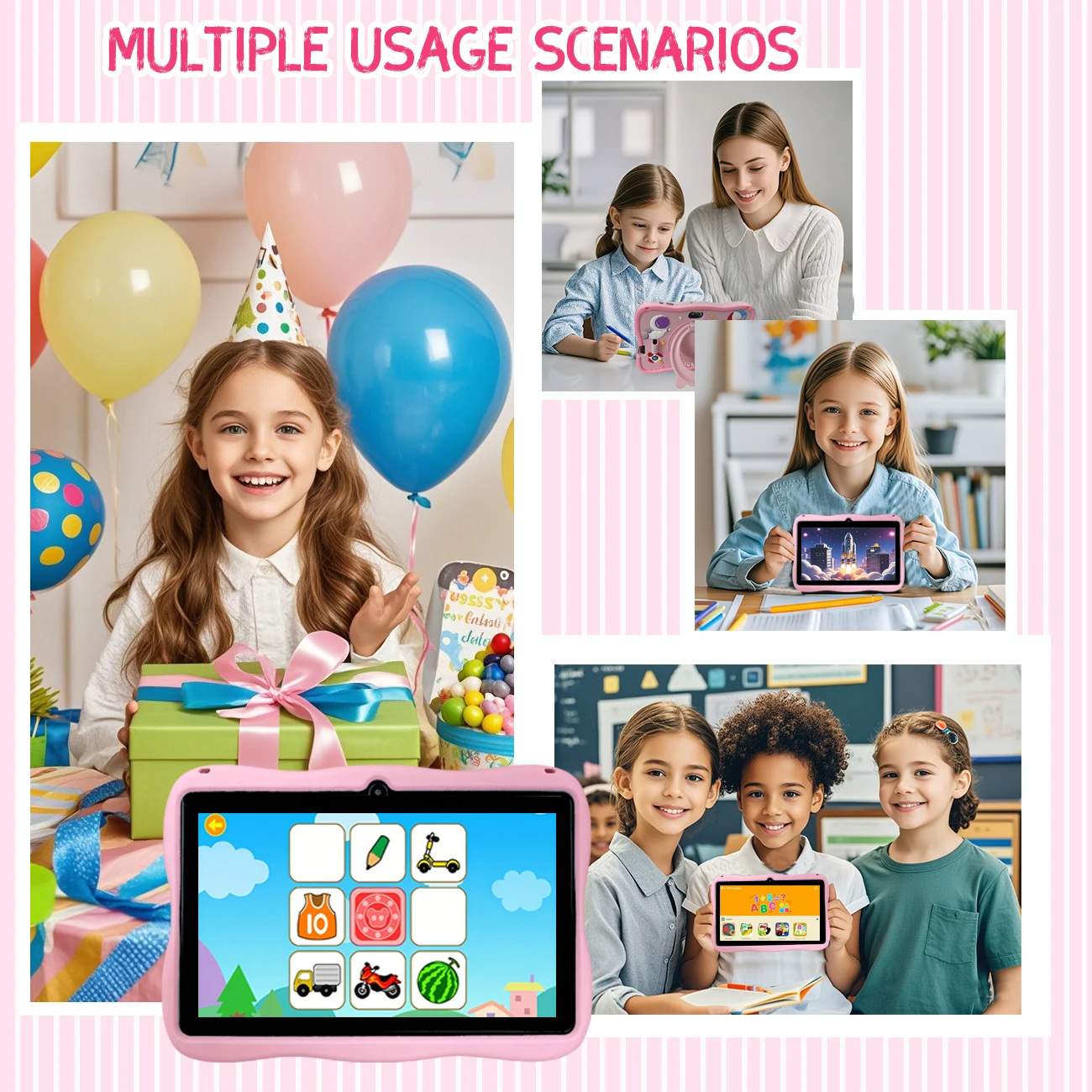 学習と娯楽のためのHDスクリーンタブレットコンピューター,オールインワンマシン,ラブドールがプリインストールされた教育システム,子供が学習に夢中になることを可能にする2色を選択します7インチの落下防止および衝突防止シリコン素材,子供向けのお気に入りのギフト,設定されていないプラグ