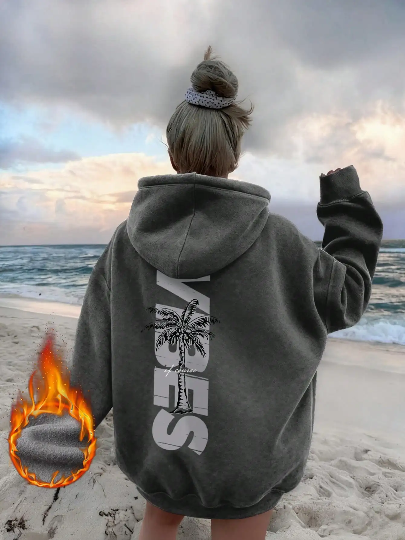 Sudadera holgada de manga larga para mujer, con estampado de palmeras y letras en la espalda, estilo surfero, de color gris carbón, con forro térmico de lana, corte holgado y caída en los hombros, ideal para el otoño y el invierno, para usar a diario, como regalo para el Día de Acción de Gracias o Navidad.