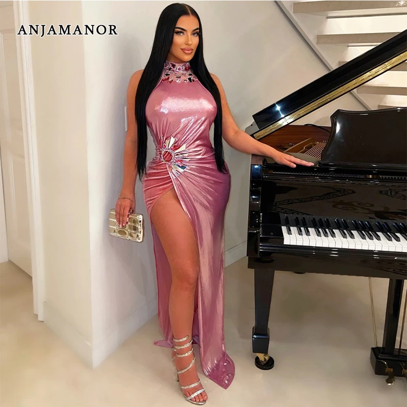 ANJAMANOR Sleeveless High Slit Maxi Long Dresses for Women Elegant Sexy Diamond Embellished Evening Dress Pink Red Black D57GF39