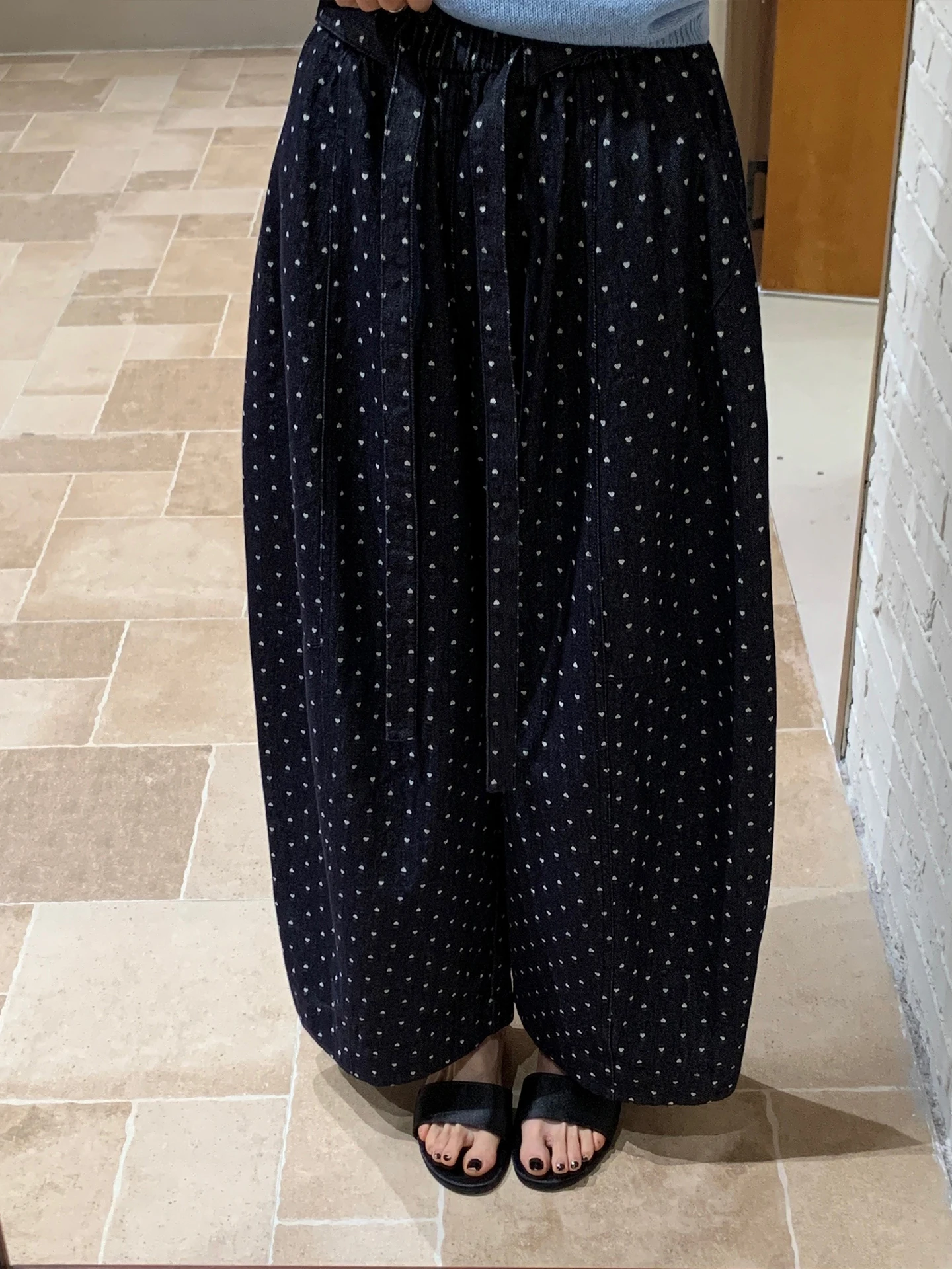 

Loose Women's Denim Pants Spring Summer High Waist Micro Stretch Polka Dot Heart Print Draped Design Versatile Wide Leg Trousers